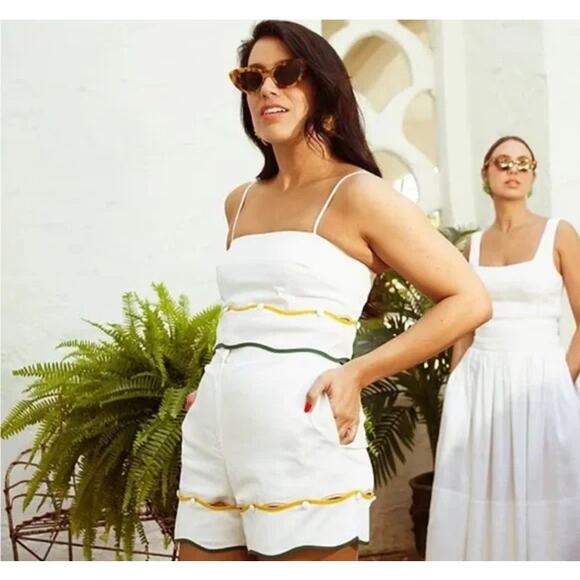 Antonio Melani x The Nat Note Zoe Scalloped Sateen Top White Green Crop Size 14 - Picture 3 of 12